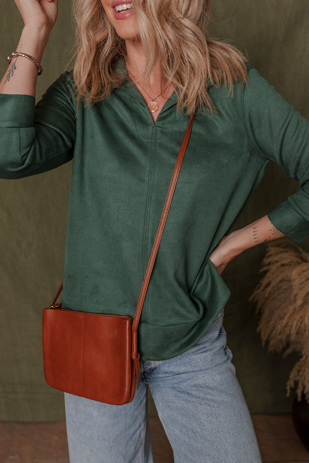 Evergreen Central Seam Detail 3/4 Sleeve Split Neck Top
