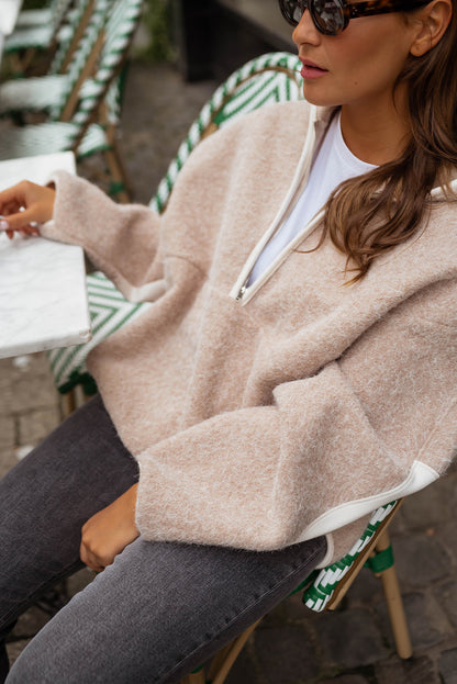 Parchment Woolen Blend Uneven Hem Half Zipped Pullover Baggy Hoodie