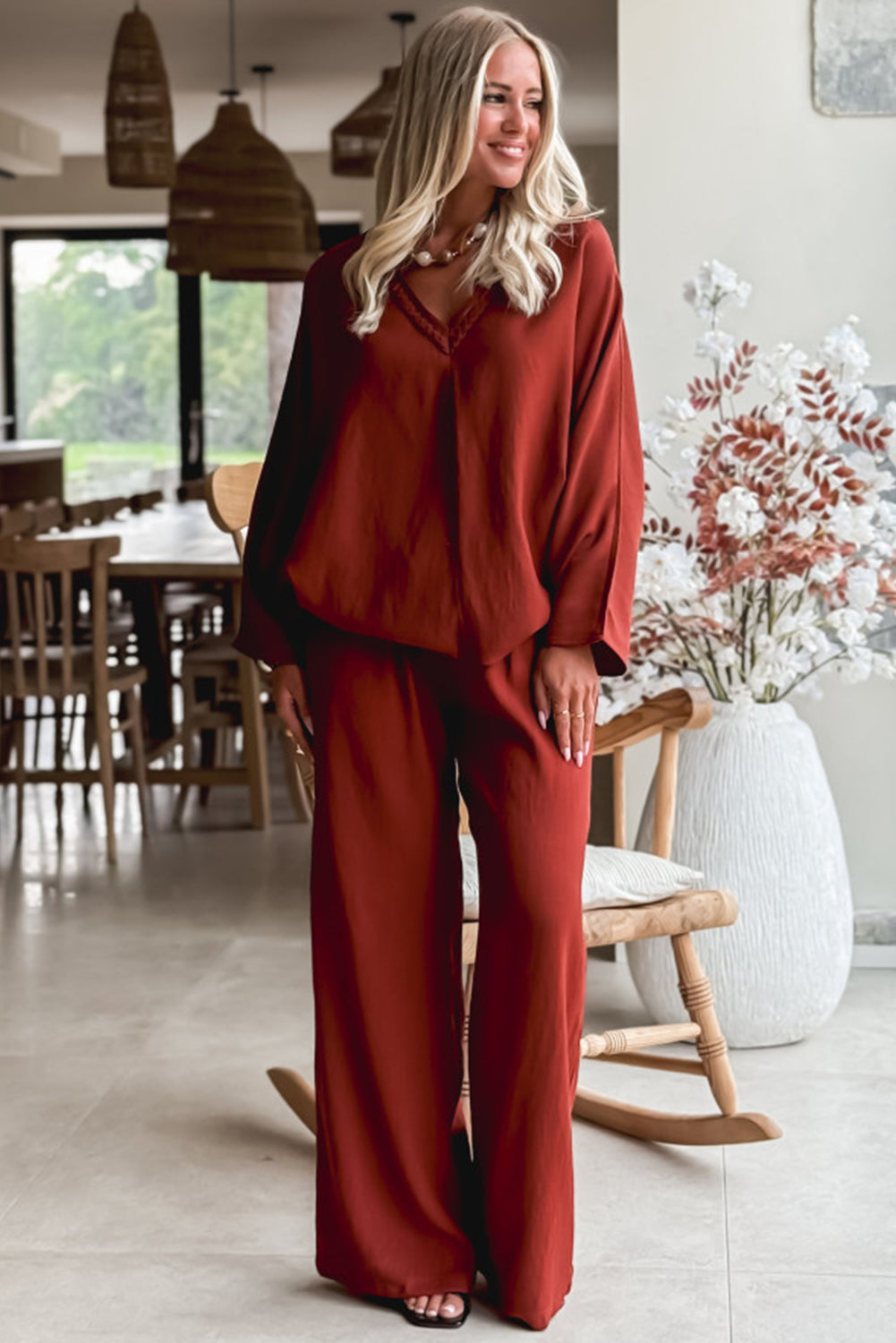 Clay Braided V Neck Long Sleeve Loose Top and Drawstring High Waist Pants 2pcs Outfit