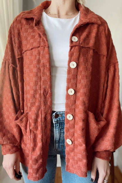 Gold Flame Exposed Seam Detail Cozy Plaid Texture Loose Shacket