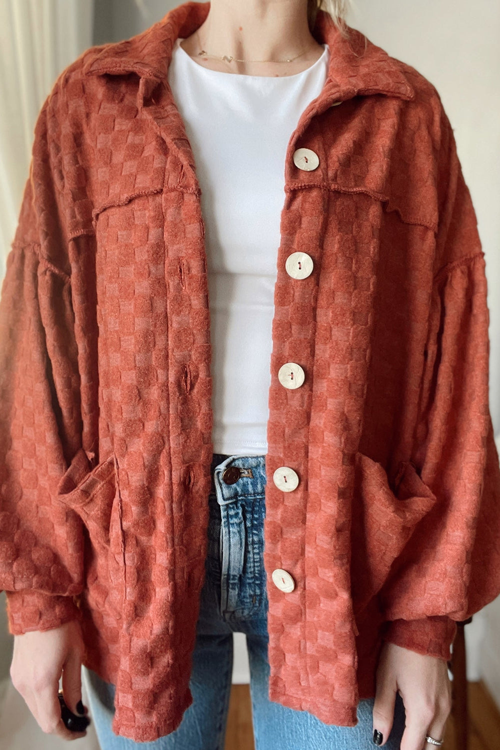 Gold Flame Exposed Seam Detail Cozy Plaid Texture Loose Shacket