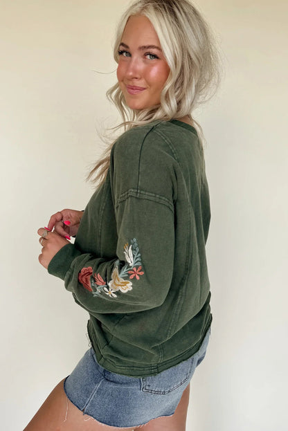 Mist Green Mineral Wash Drop Shoulder Floral Embroidered Sleeve Raw Edge Sweatshirt