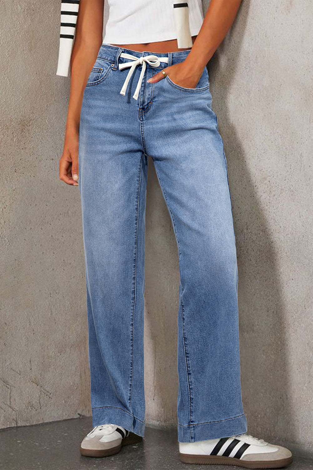 Light Blue Lace-up Button Zip Fly Straight Leg Jeans