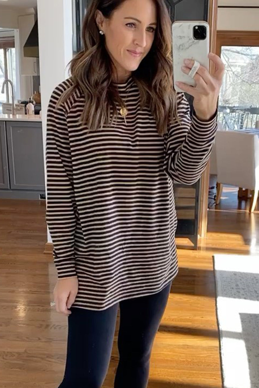 Black Stripe Side Splits Loose Fit Long Sleeve Top