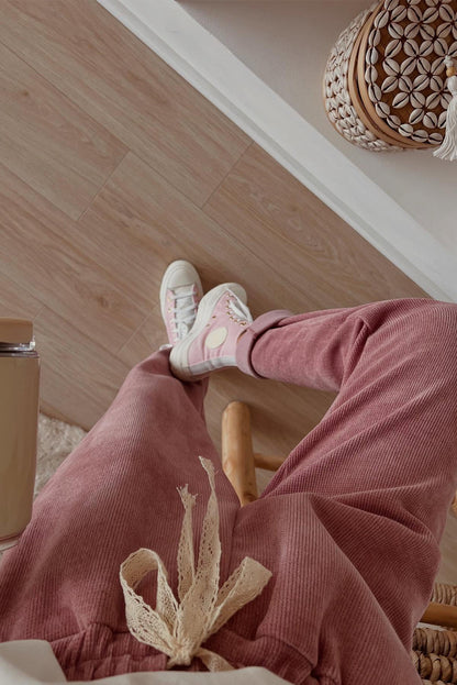 Rose Tan Lace/Leopard Drawstring Pullover Hoodie and High Waist Pants Corduroy Suit