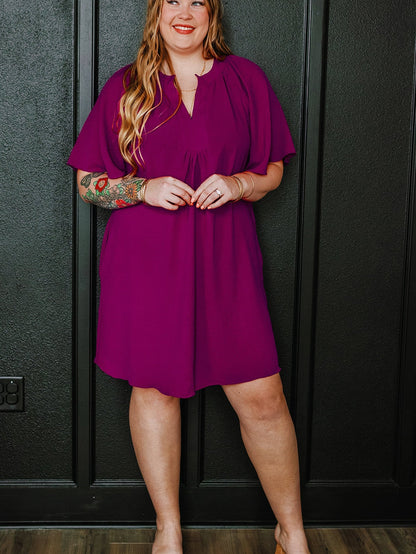 Rose Red Notched Neck Wide Sleeve Pleated Plus Size Dress