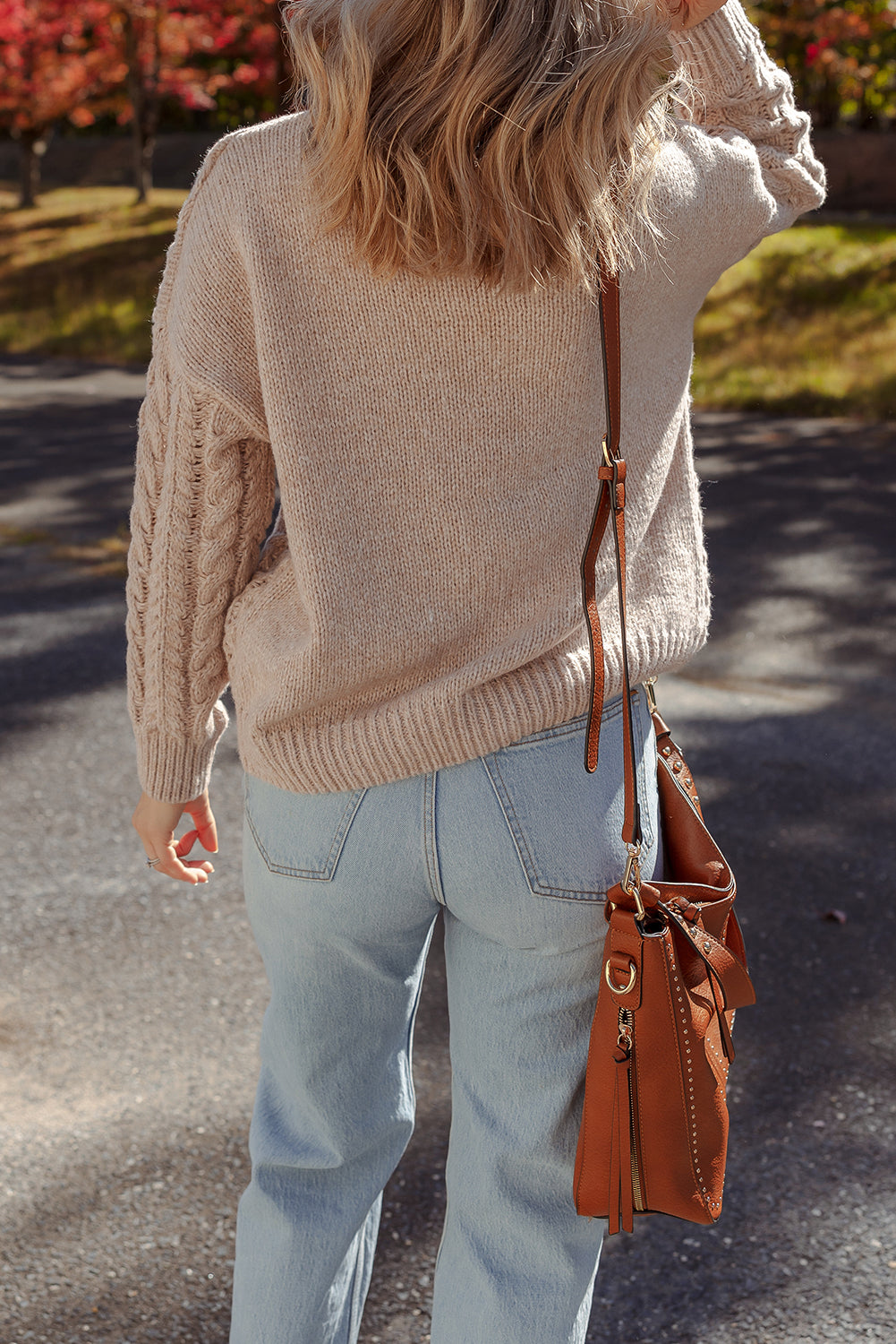 Parchment Cable Knit Crew Neck Drop Shoulder Casual Sweater