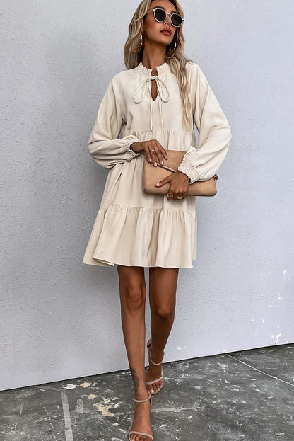 Beige Tie Split Neck Smocked Detail Long Puff Sleeve Ruffle Hem Loose Dress