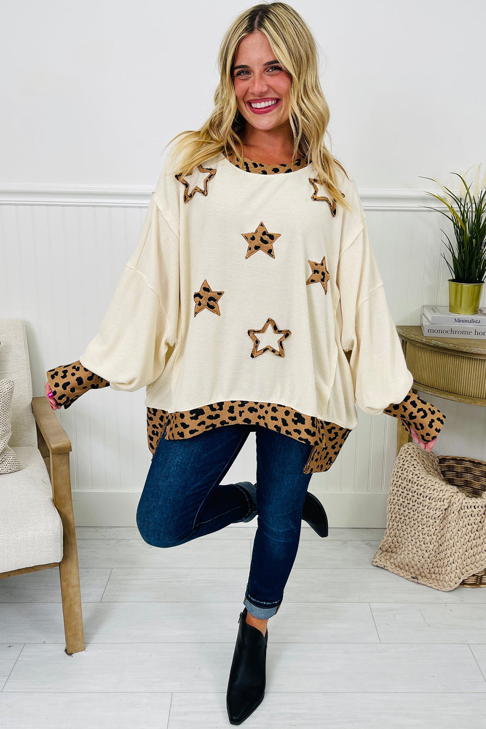 Beige Thermal Knit Leopard Trim Star Embroidered Long Sleeve Top