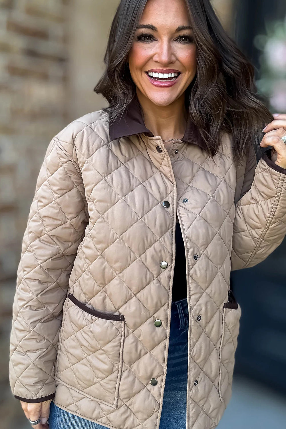 Parchment Snap Button Quilted Color Block Collar Pocketed Winter Jacket
