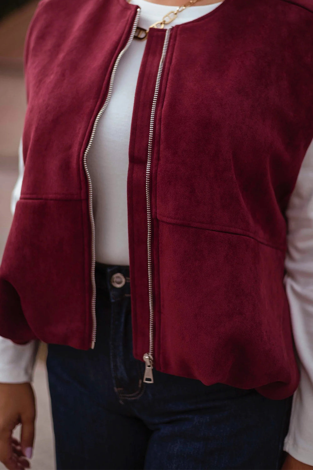Burgundy Suede Zipped Sleeveless Vest