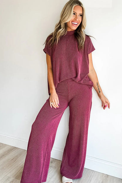 Burgundy Twisted Ribbed High Neck Loose Tee Elastic High Waist Loose Pant Set