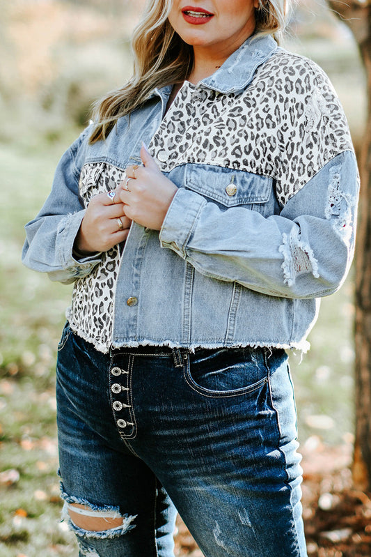 Leopard Patchwork Blue Denim Jacket for Curvy Fashionistas