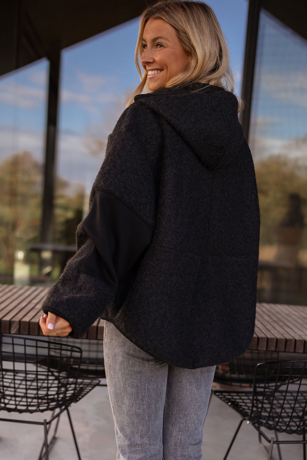 Black Woolen Blend Uneven Hem Half Zipped Pullover Baggy Hoodie