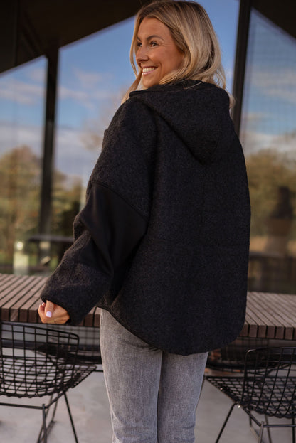 Black Woolen Blend Uneven Hem Half Zipped Pullover Baggy Hoodie