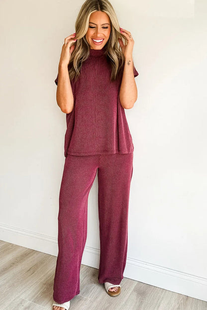 Burgundy Twisted Ribbed High Neck Loose Tee Elastic High Waist Loose Pant Set