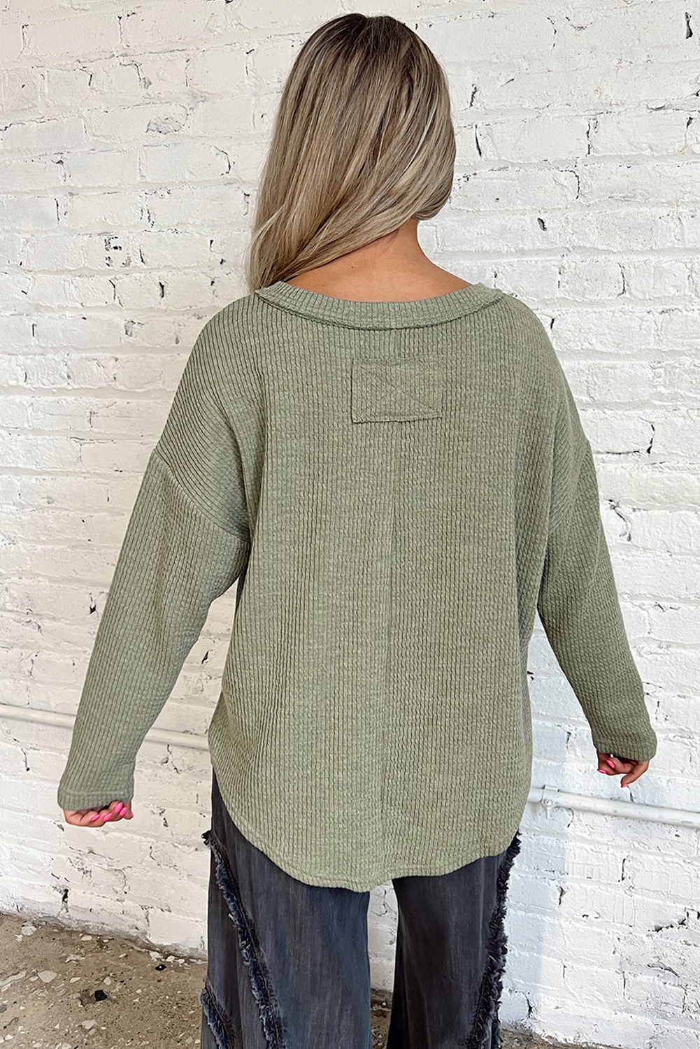 Laurel Green Trendy Texture Knit Drop Shoulder Long Sleeve Loose Top