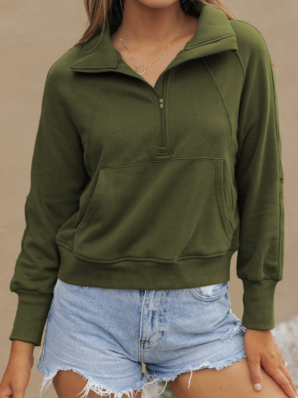 Green Ribbed Stand Collar Thumbhole Sleeve Casual Sweatshirt with Zipper