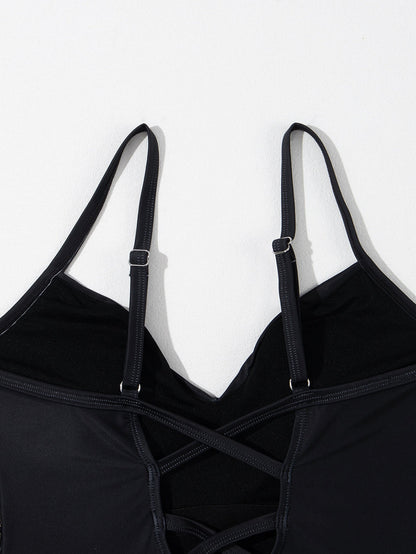 Elegant Black Floral Crisscross Back One-Piece Swimsuit