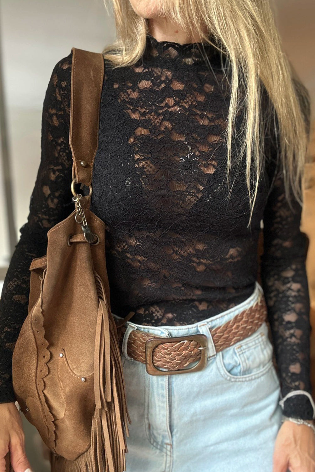 Black Slim Fit Lace Mock Neck Long Sleeve Top