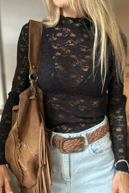 Black Slim Fit Lace Mock Neck Long Sleeve Top