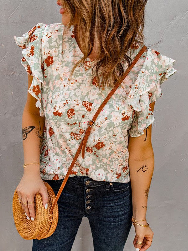 Feifei Floral Chiffon Printed Round Neck Shirt for Women