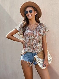 Feifei Floral Chiffon Printed Round Neck Shirt for Women