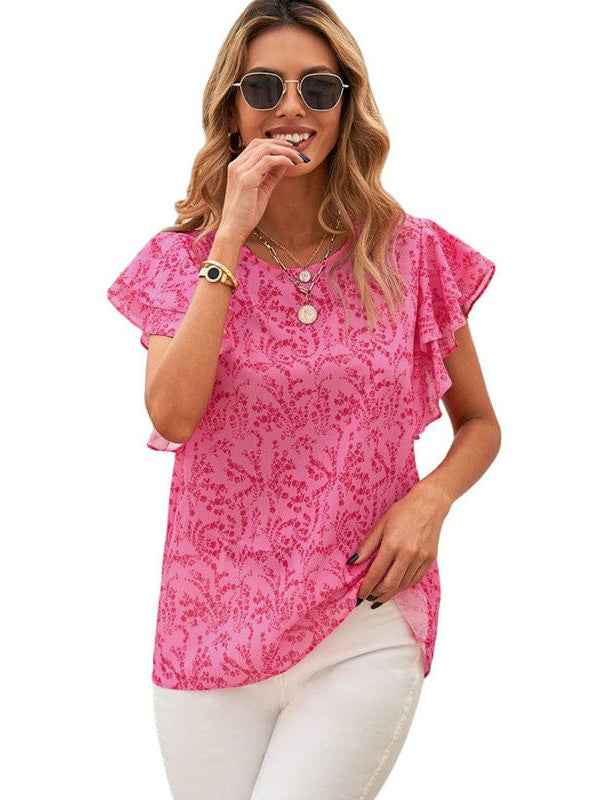 Feifei Floral Chiffon Printed Round Neck Shirt for Women