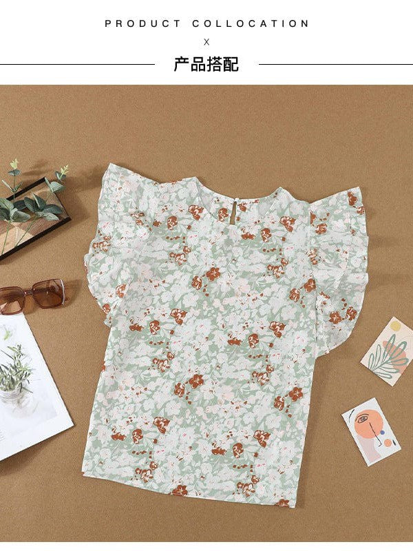 Feifei Floral Chiffon Printed Round Neck Shirt for Women