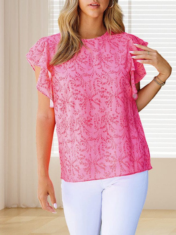 Feifei Floral Chiffon Printed Round Neck Shirt for Women
