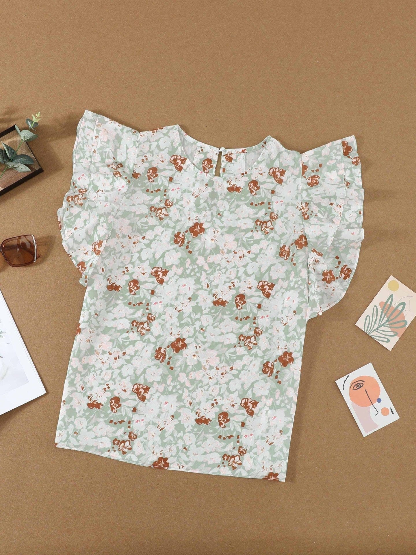 Feifei Floral Chiffon Printed Round Neck Shirt for Women