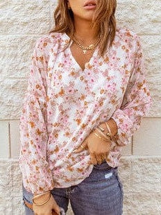 Feifei Floral Chiffon Printed Round Neck Shirt for Women