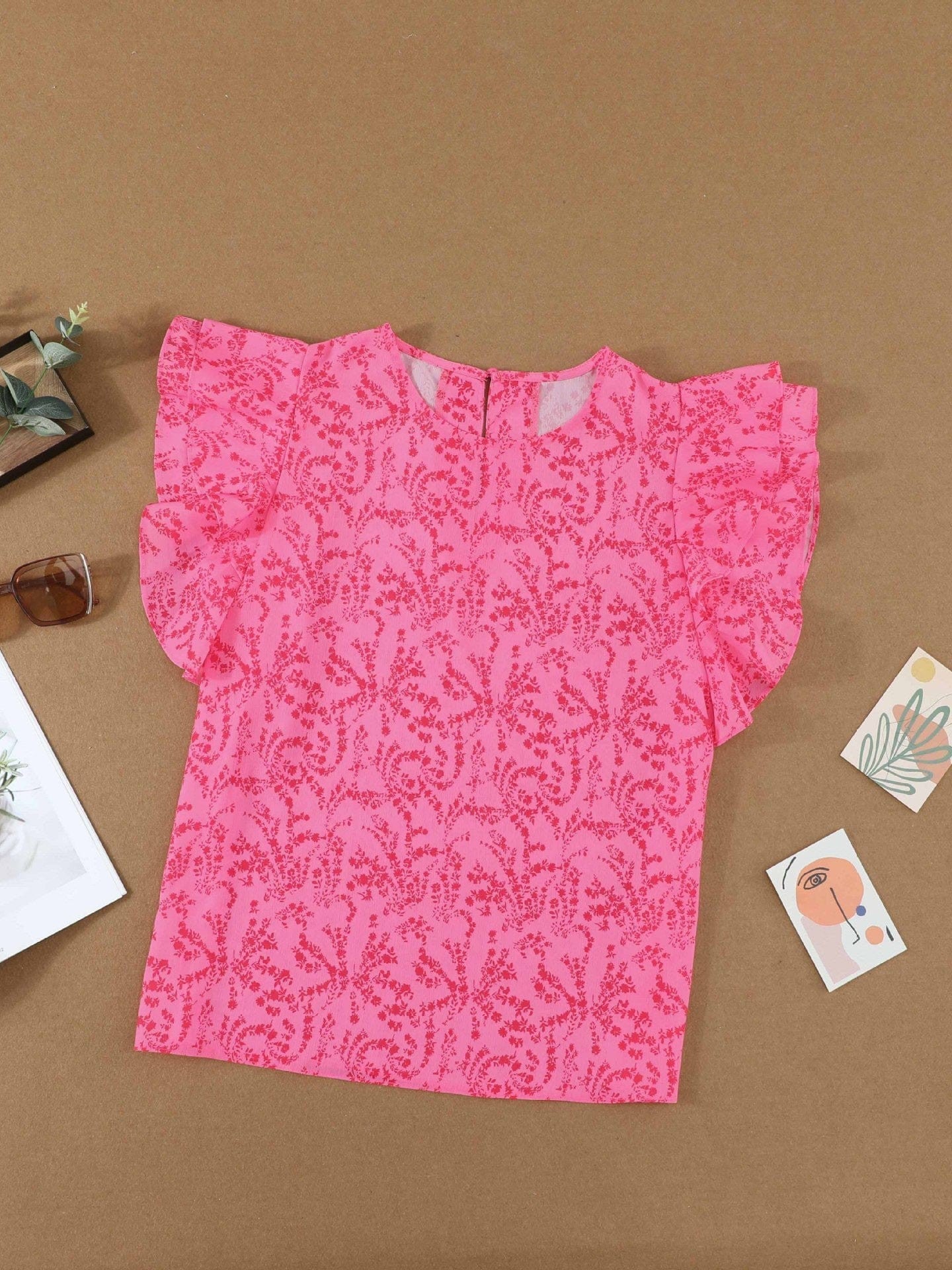 Feifei Floral Chiffon Printed Round Neck Shirt for Women