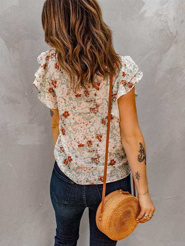 Feifei Floral Chiffon Printed Round Neck Shirt for Women