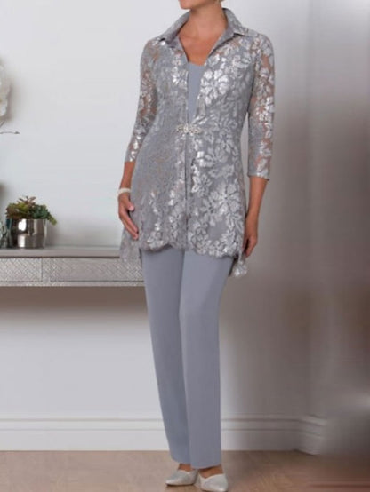 Jumpsuit / Pantsuit 3 Piece Mother of the Bride Dress Formal Plus Size Elegant V Neck Ankle Length Chiffon Lace 3/4 Length Sleeve Wrap Included with Sequin Crystal Brooch 2023 - LuckyFash™