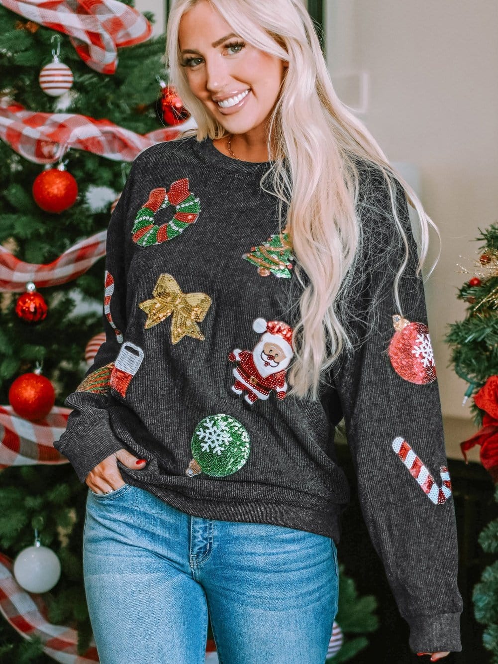 Festive Black Corded Sequin Christmas Sweatshirt