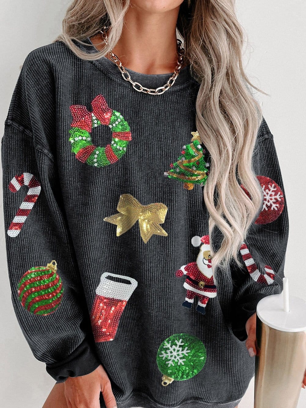 Festive Black Corded Sequin Christmas Sweatshirt