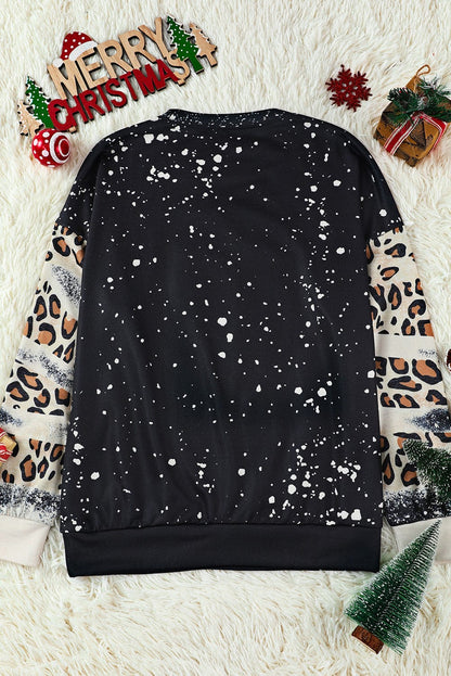 Festive Black Leopard Sleeve Christmas Tree Print Sweatshirt