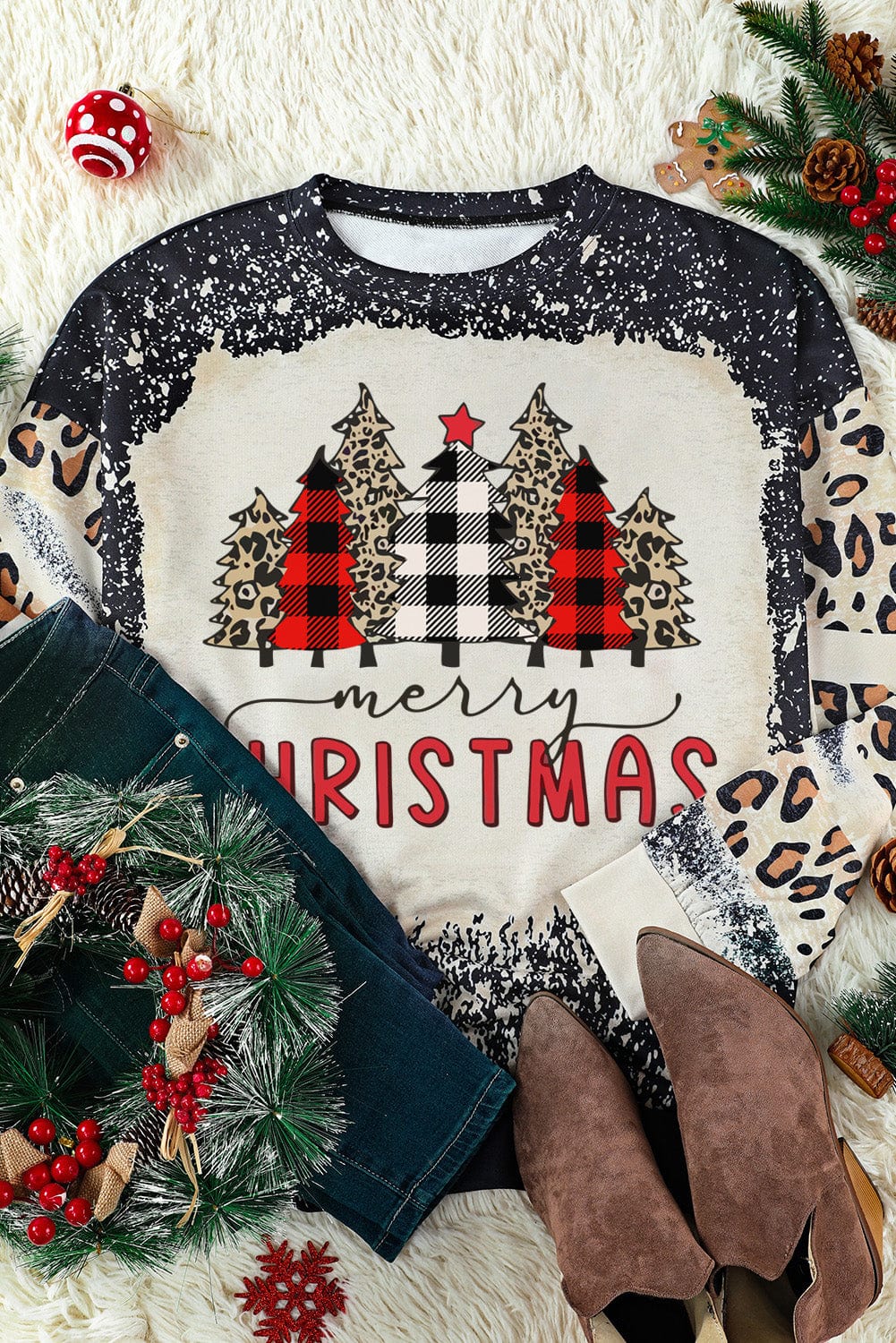 Festive Black Leopard Sleeve Christmas Tree Print Sweatshirt