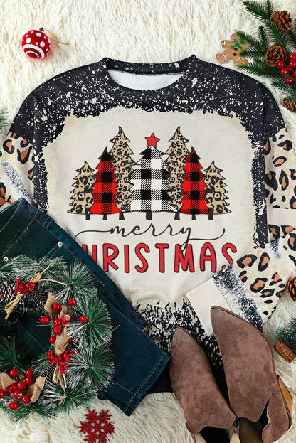 Festive Black Leopard Sleeve Christmas Tree Print Sweatshirt