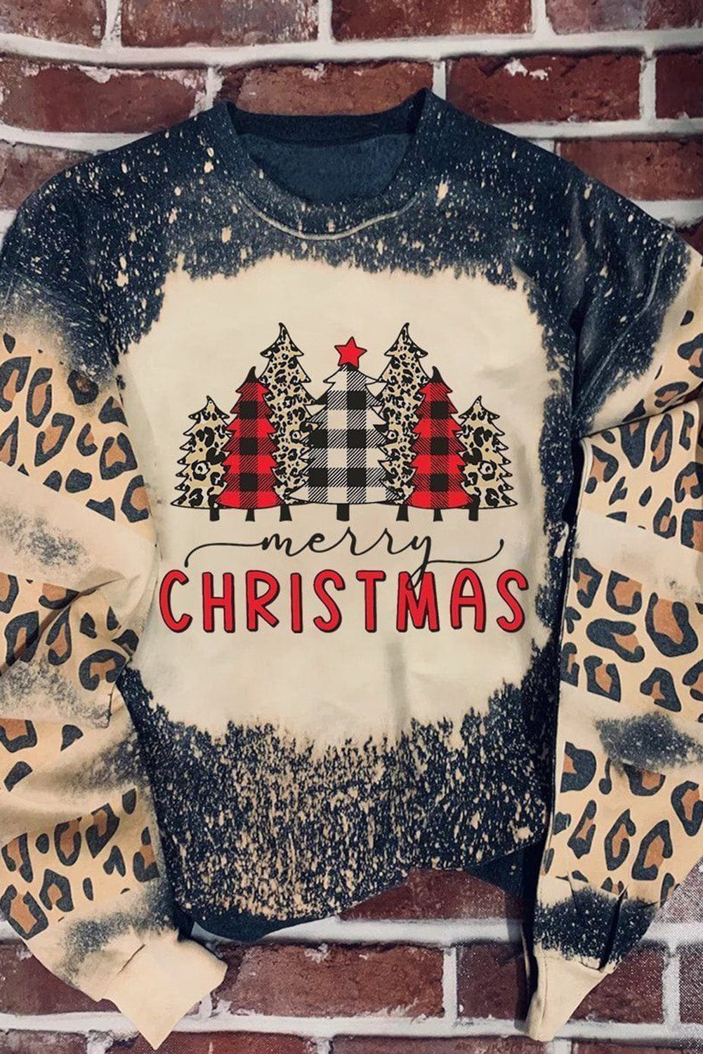 Festive Black Leopard Sleeve Christmas Tree Print Sweatshirt