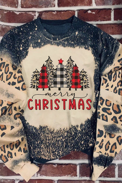 Festive Black Leopard Sleeve Christmas Tree Print Sweatshirt