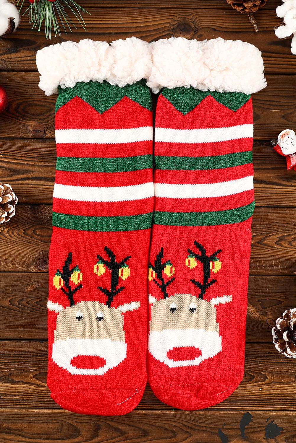 Festive Christmas Cartoon Pattern Woolen Knit Socks in Vibrant Red