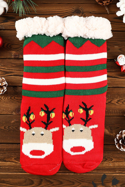 Festive Christmas Cartoon Pattern Woolen Knit Socks in Vibrant Red