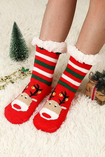 Festive Christmas Cartoon Pattern Woolen Knit Socks in Vibrant Red
