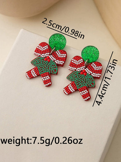 Festive Christmas Drop Earrings with Cane and Santa Claus Pattern