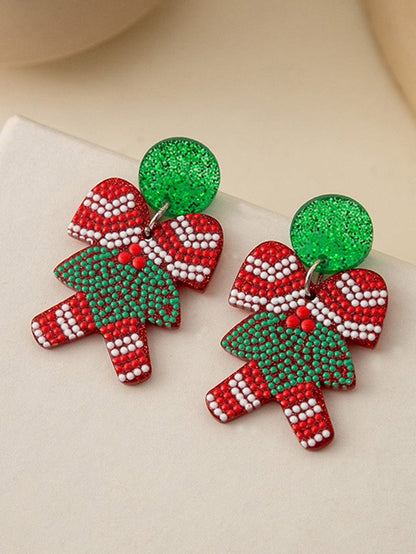 Festive Christmas Drop Earrings with Cane and Santa Claus Pattern
