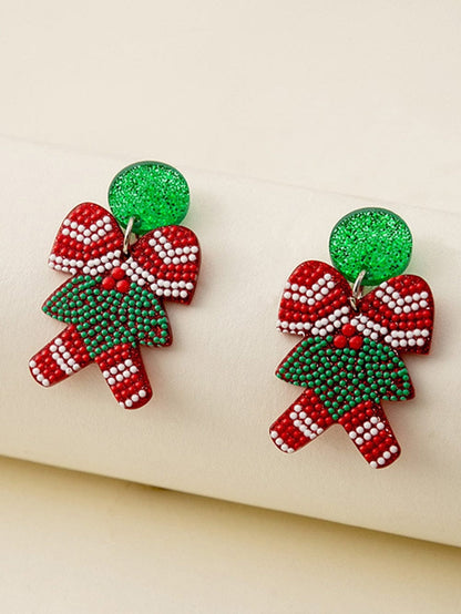 Festive Christmas Drop Earrings with Cane and Santa Claus Pattern