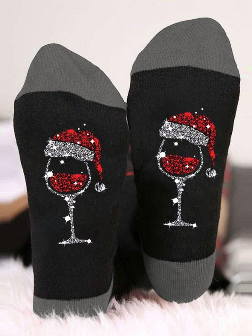Festive Christmas Santa Hat Print Socks in Philippine Gray