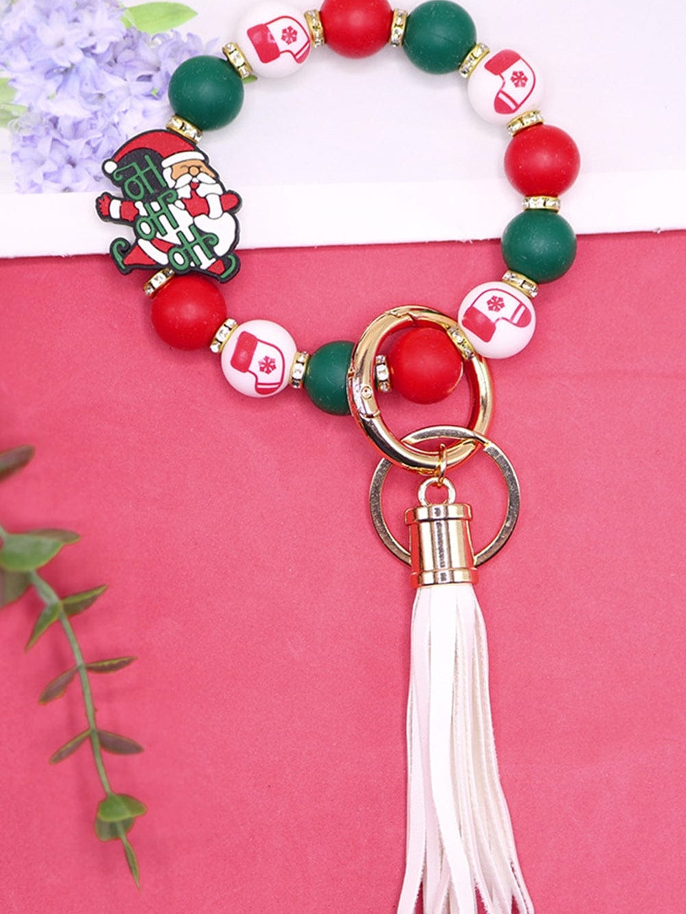 Festive Christmas Silicone Bead Keychain with Fiery Red Tassel
